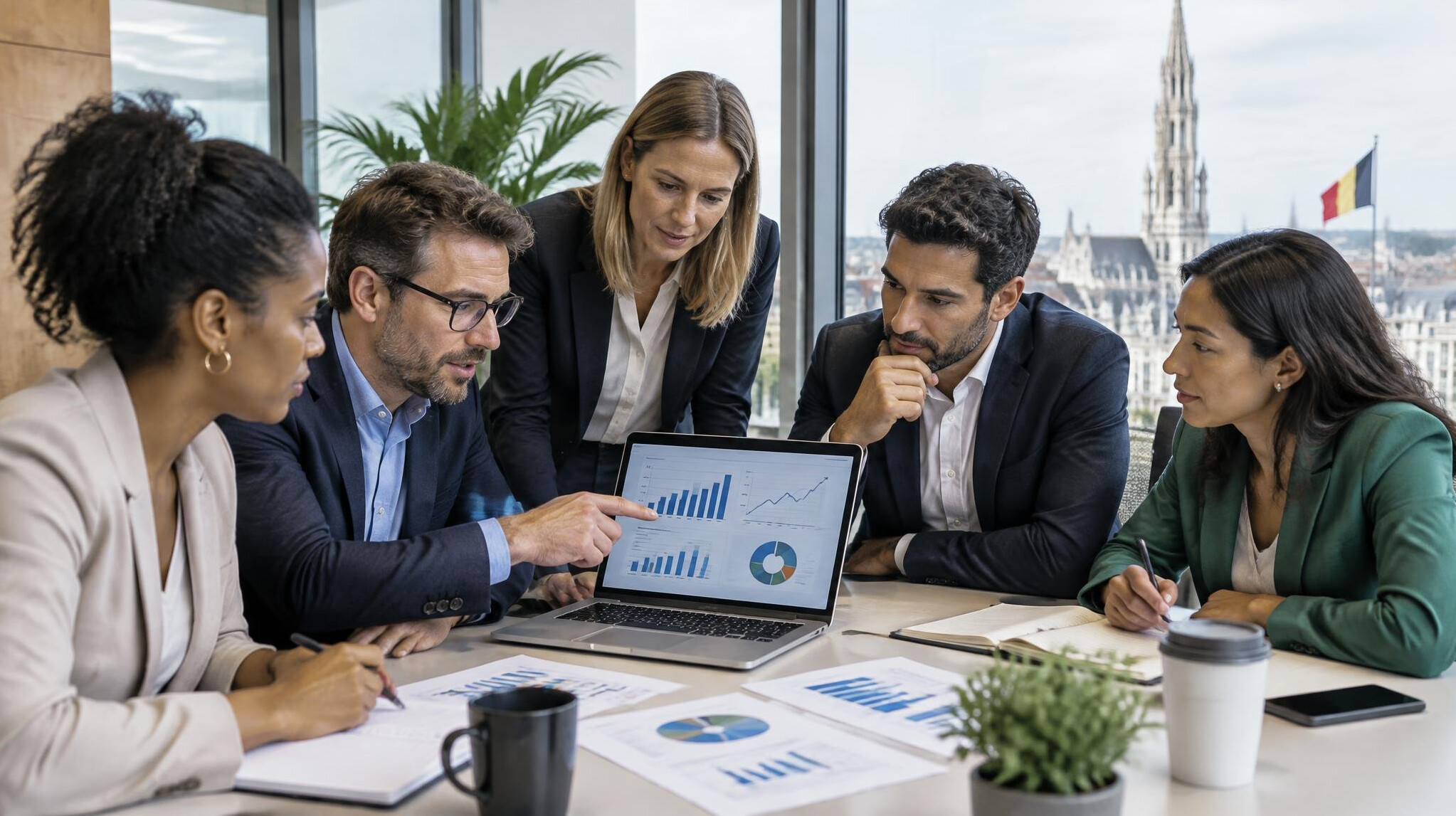 Diverse business team analyzing consumer data charts around a table